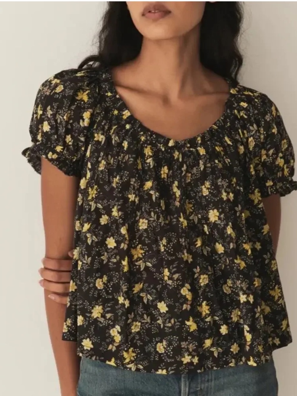 Doen Frederica Cotton Floral Puff Short Sleeve Blouse Top Noir Winding Blossoms